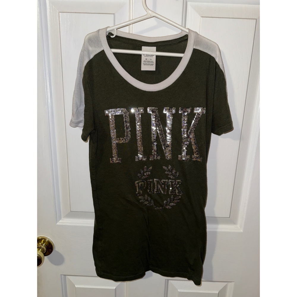 Victorias Secret PINK Womens Sequin Logo‎ Ringer T-Shirt Olive Green Gray XS